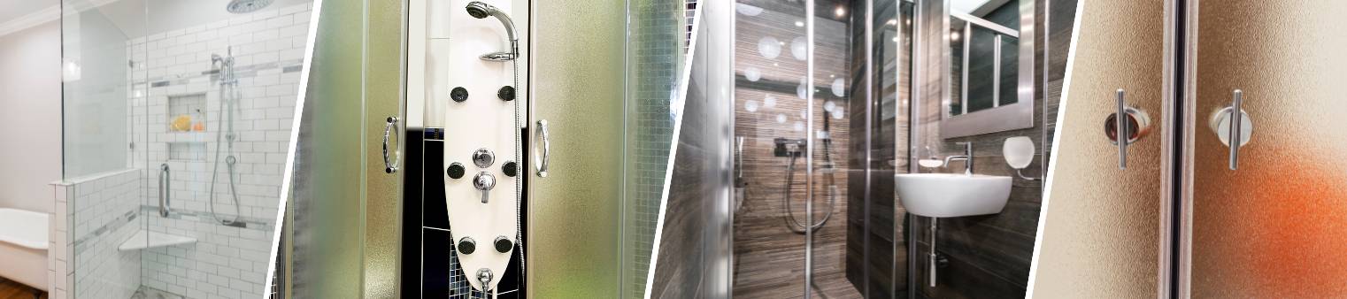 four photos of shower doors